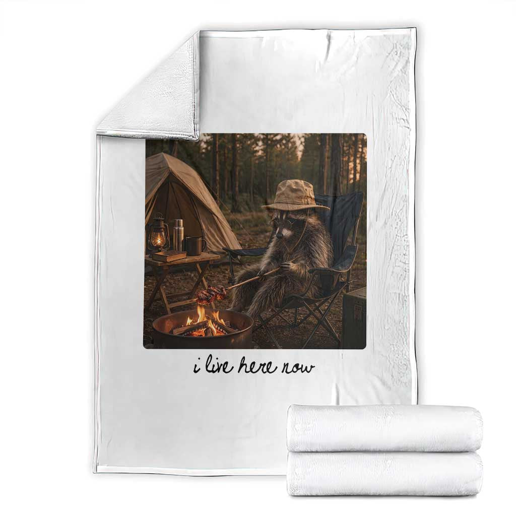Funny Camping Raccoon Throw Blanket I Live Here Now Outdoor Lover
