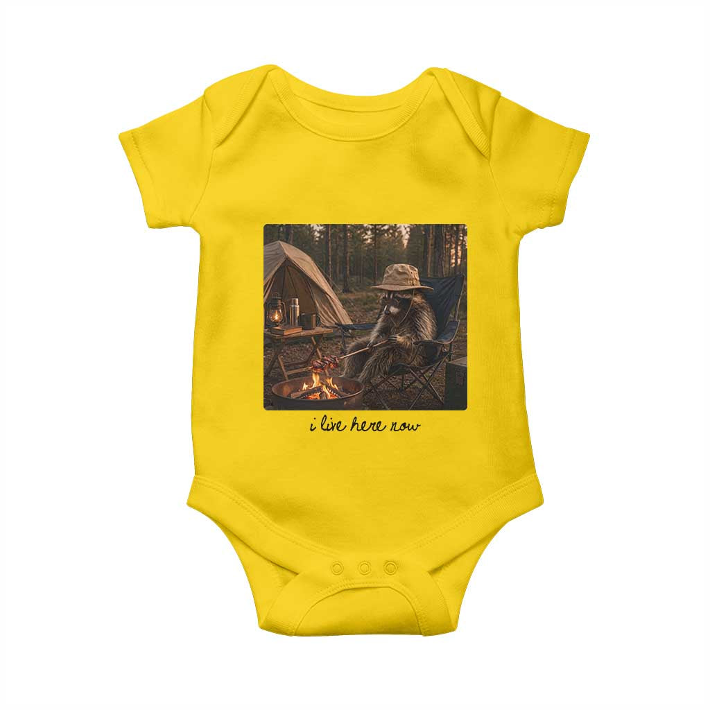Funny Camping Raccoon Baby Onesie I Live Here Now Outdoor Lover