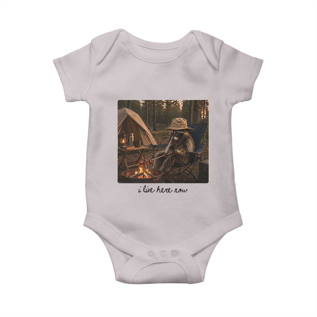 Funny Camping Raccoon Baby Onesie I Live Here Now Outdoor Lover