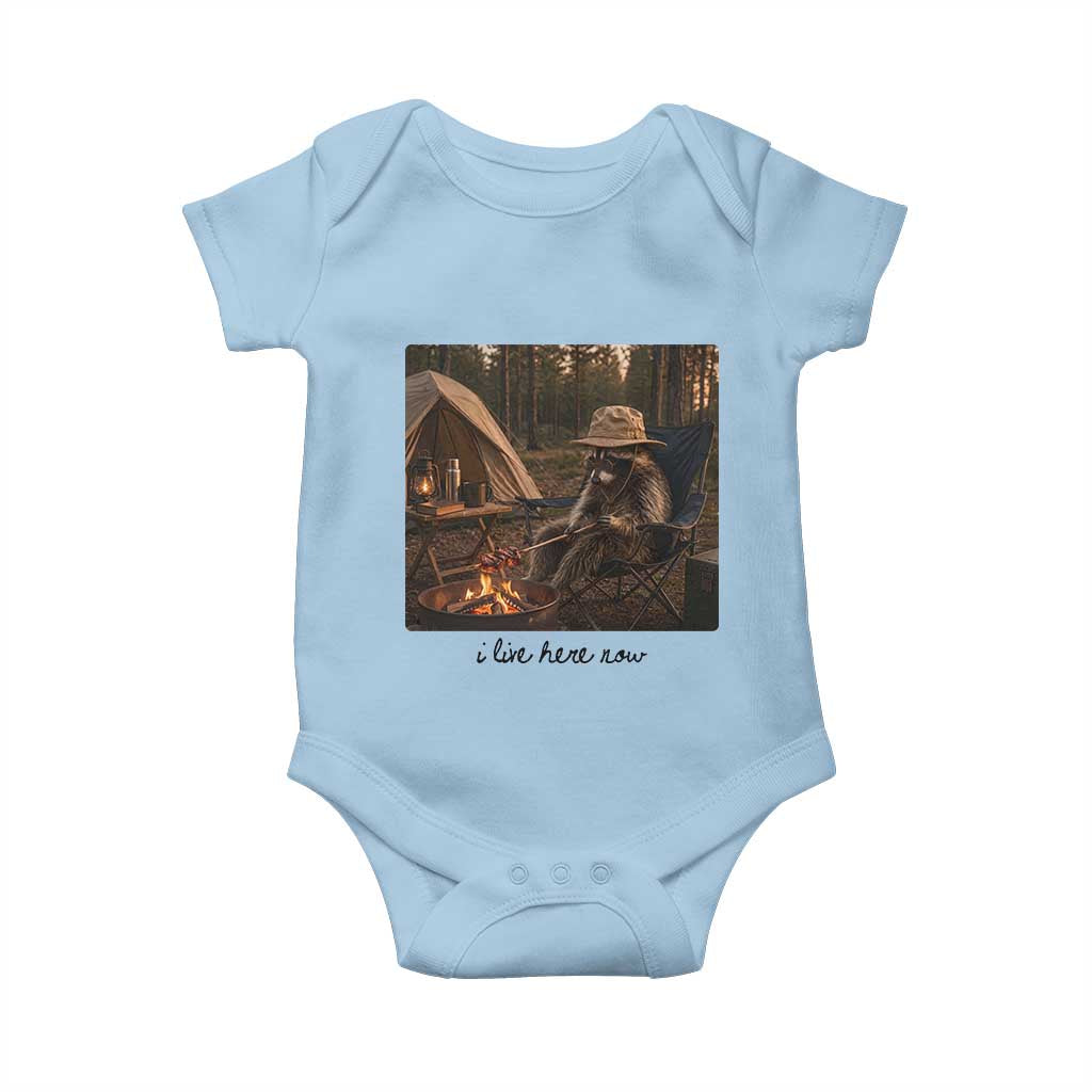 Funny Camping Raccoon Baby Onesie I Live Here Now Outdoor Lover