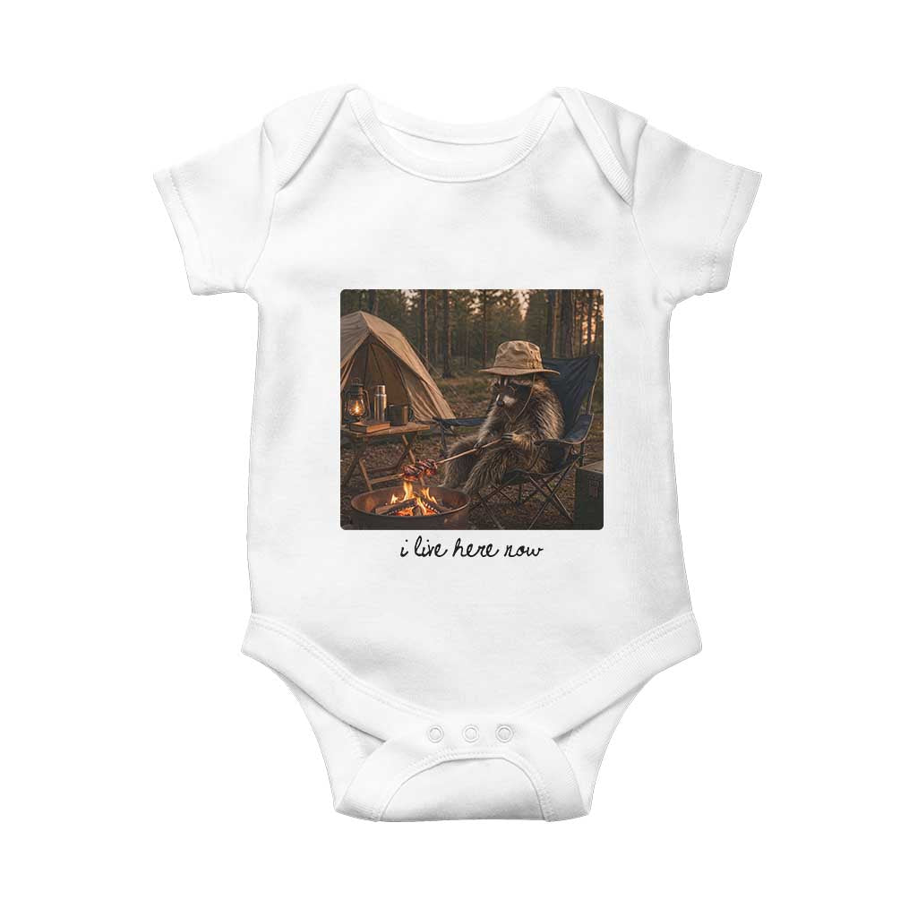 Funny Camping Raccoon Baby Onesie I Live Here Now Outdoor Lover