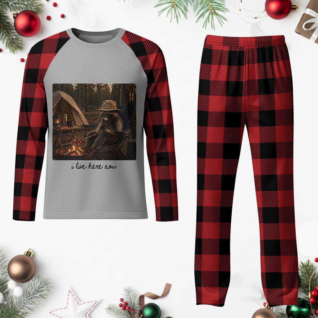 Funny Camping Raccoon Plaid Pajama Set I Live Here Now Outdoor Lover