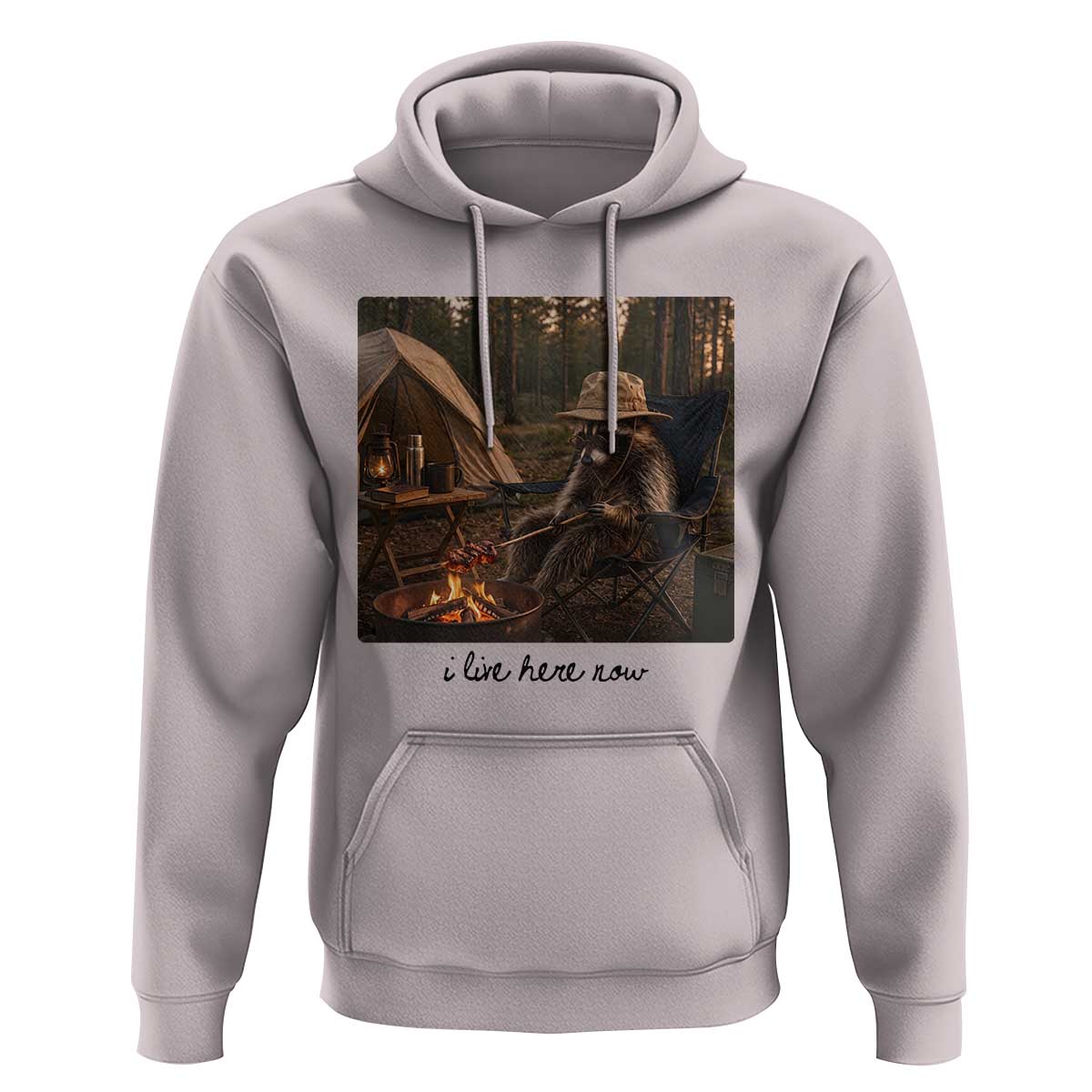Funny Camping Raccoon Hoodie I Live Here Now Outdoor Lover