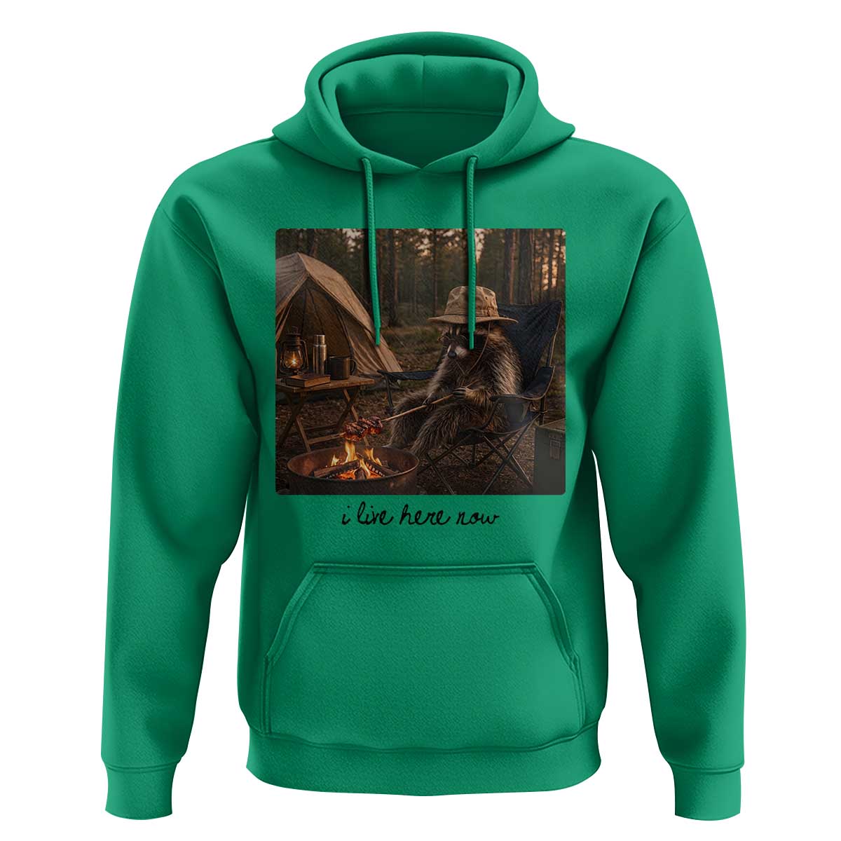 Funny Camping Raccoon Hoodie I Live Here Now Outdoor Lover