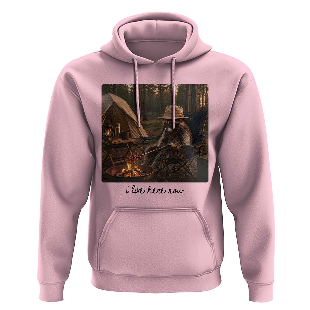Funny Camping Raccoon Hoodie I Live Here Now Outdoor Lover