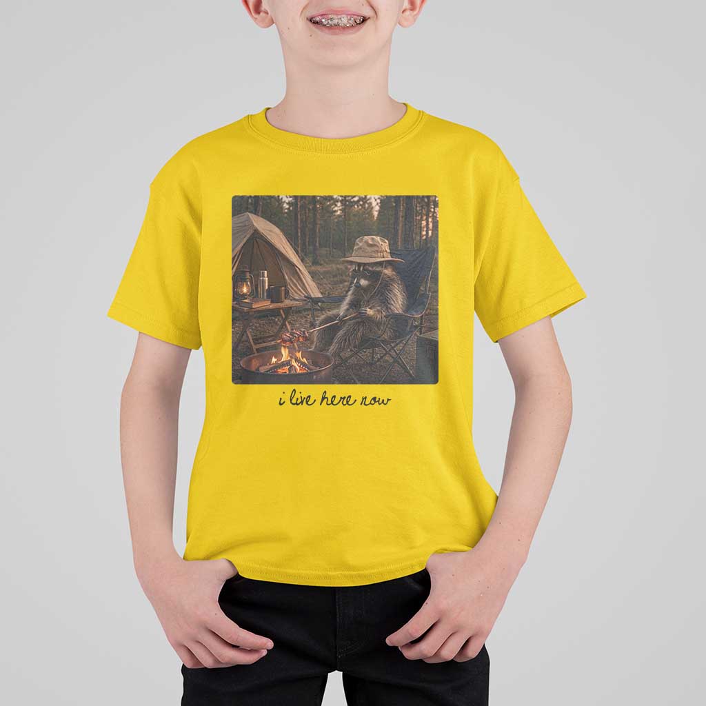 Funny Camping Raccoon T Shirt For Kid I Live Here Now Outdoor Lover
