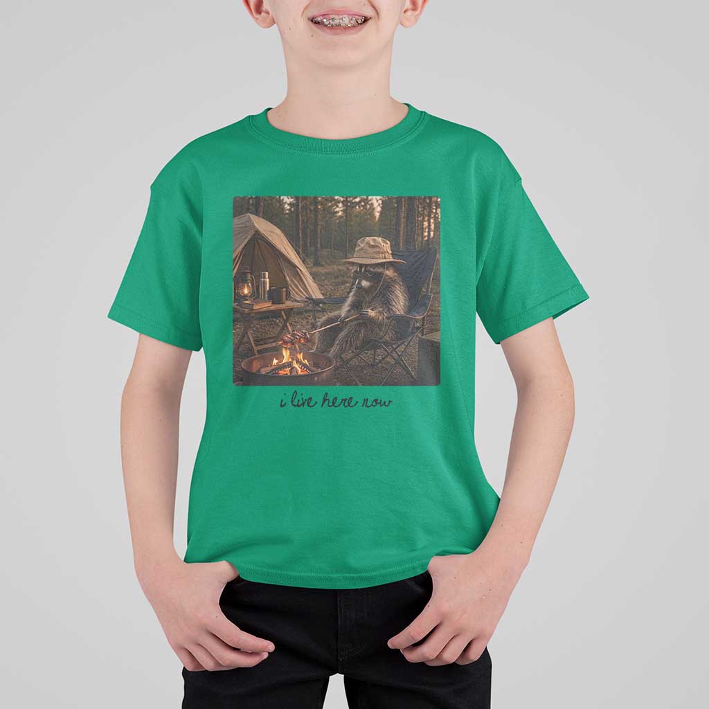 Funny Camping Raccoon T Shirt For Kid I Live Here Now Outdoor Lover