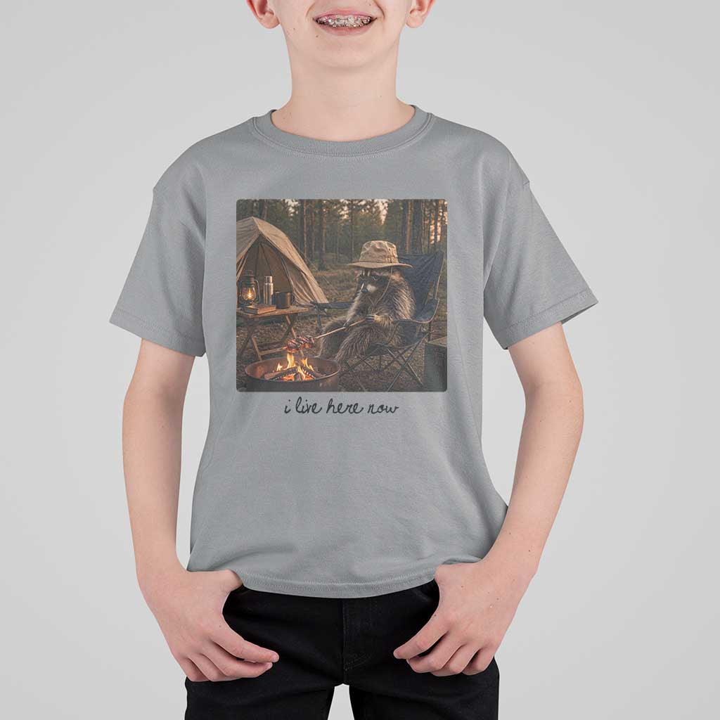 Funny Camping Raccoon T Shirt For Kid I Live Here Now Outdoor Lover