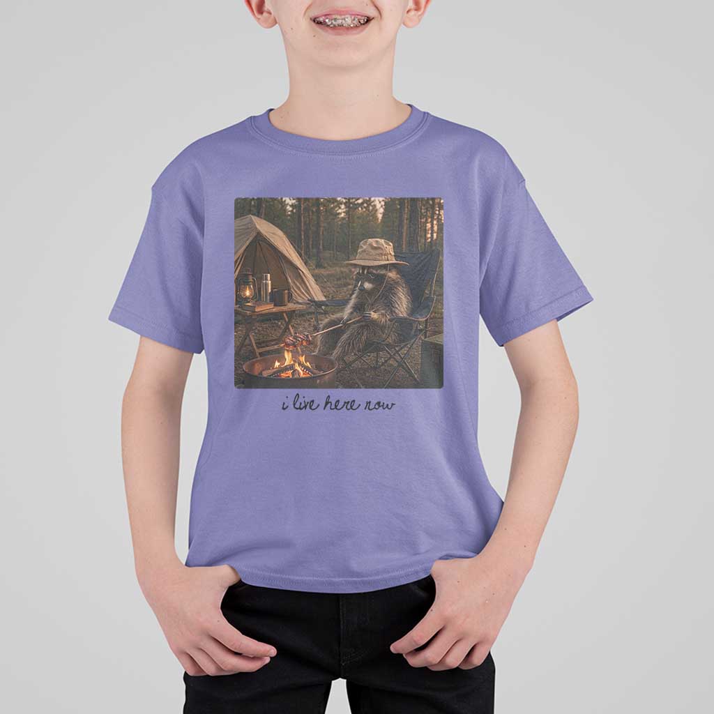 Funny Camping Raccoon T Shirt For Kid I Live Here Now Outdoor Lover