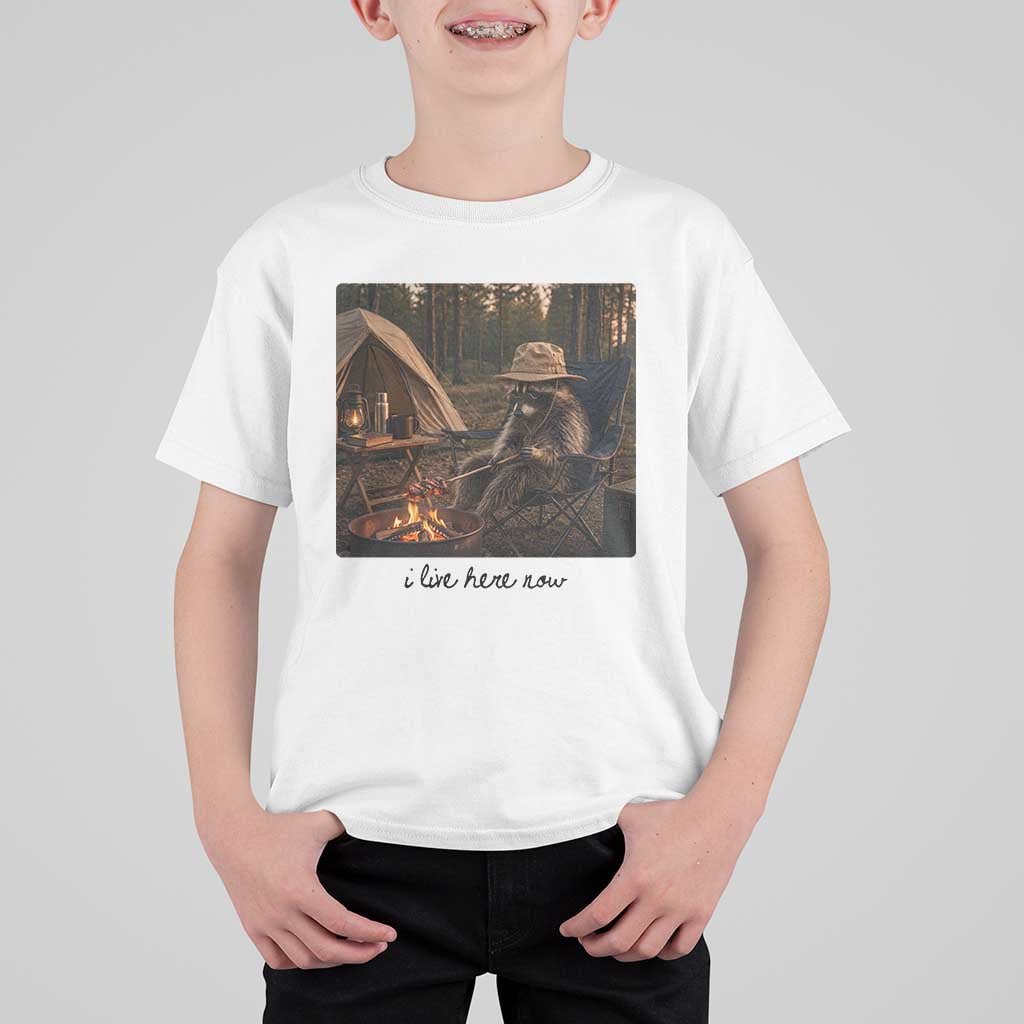 Funny Camping Raccoon T Shirt For Kid I Live Here Now Outdoor Lover