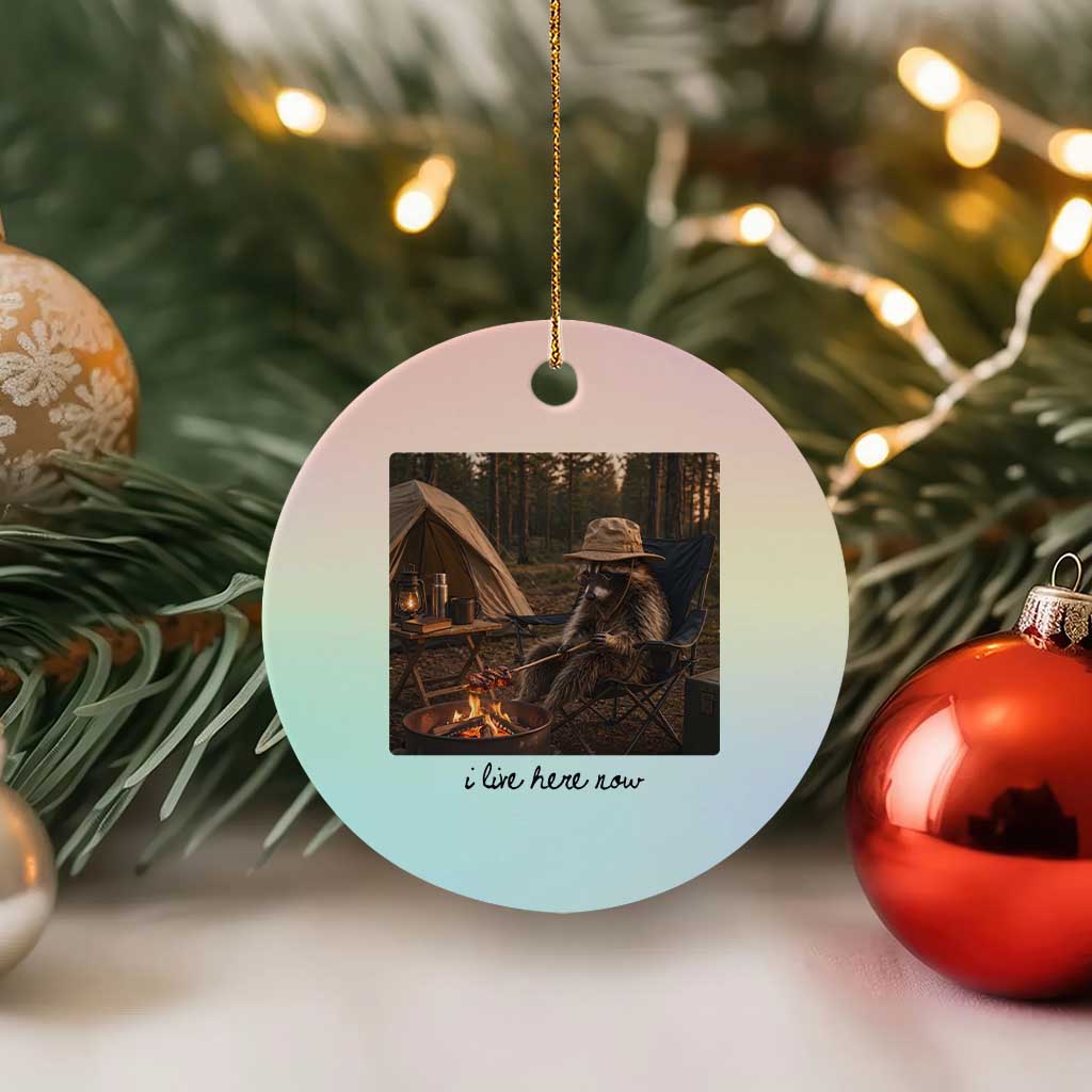 Funny Camping Raccoon Ceramic Ornament I Live Here Now Outdoor Lover