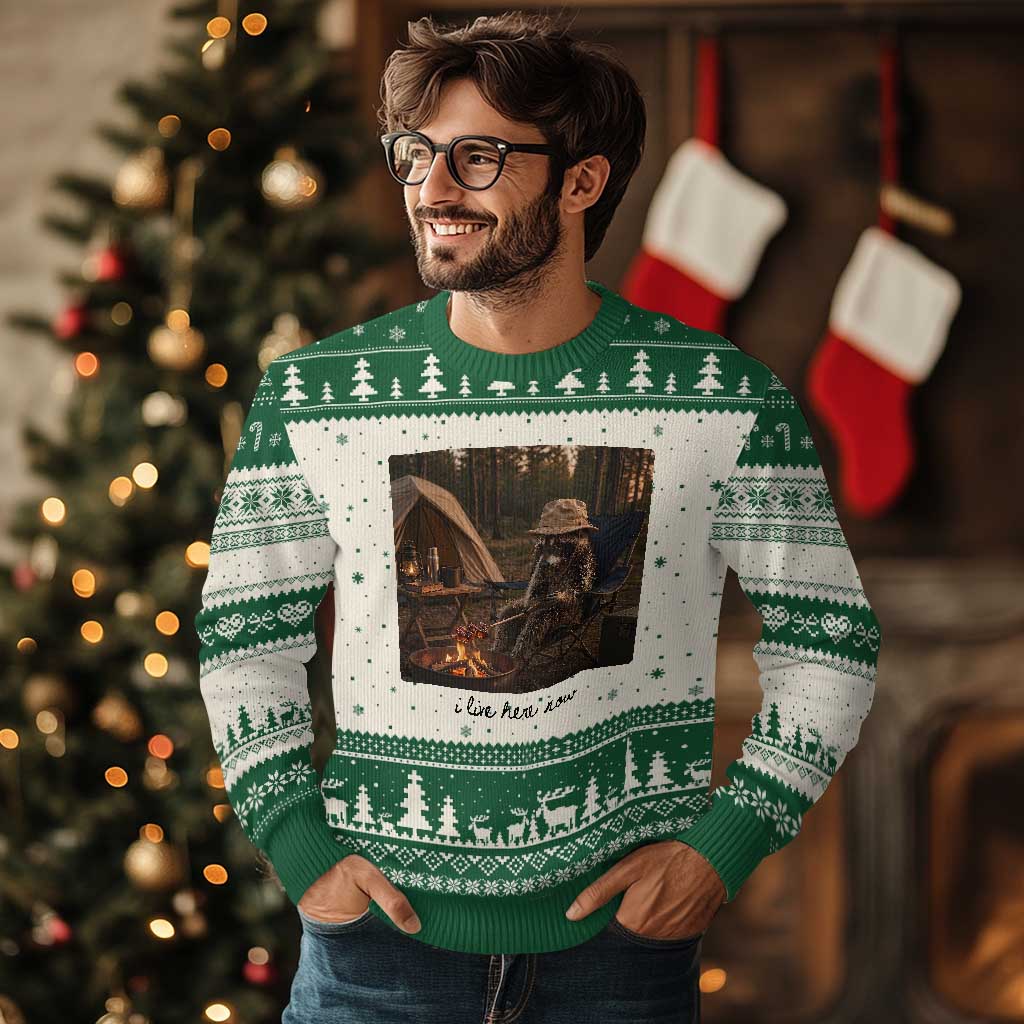 Funny Camping Raccoon Ugly Christmas Sweater I Live Here Now Outdoor Lover