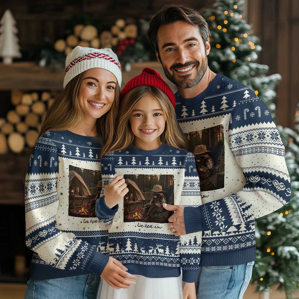 Funny Camping Raccoon Ugly Christmas Sweater I Live Here Now Outdoor Lover