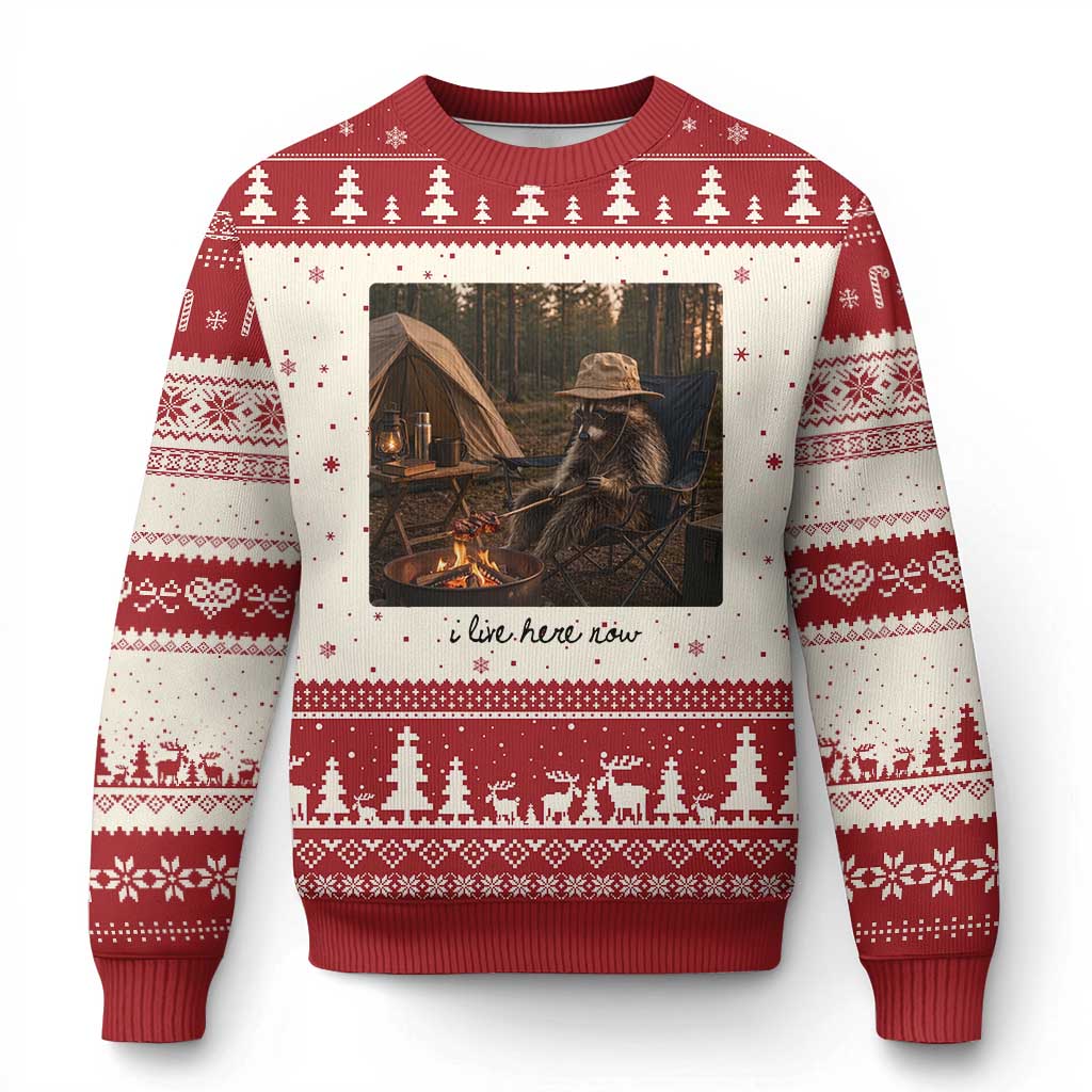 Funny Camping Raccoon Ugly Christmas Sweater I Live Here Now Outdoor Lover