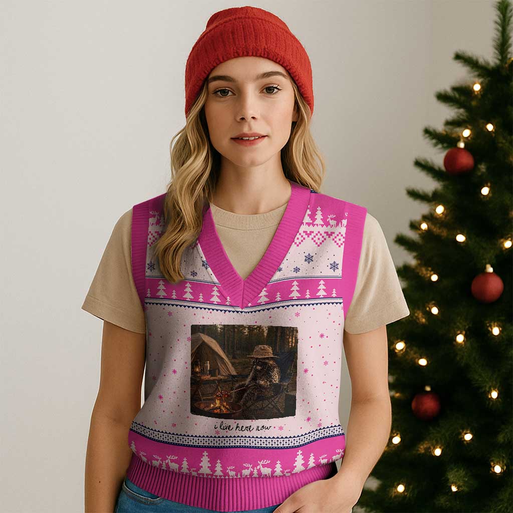 Funny Camping Raccoon V-Neck Knit Sweater Vest I Live Here Now Outdoor Lover