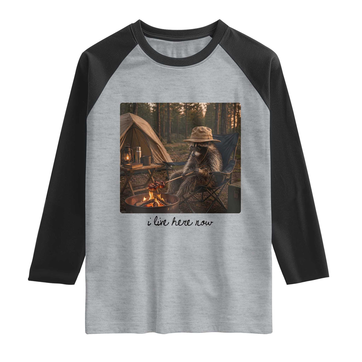 Funny Camping Raccoon Raglan Shirt I Live Here Now Outdoor Lover