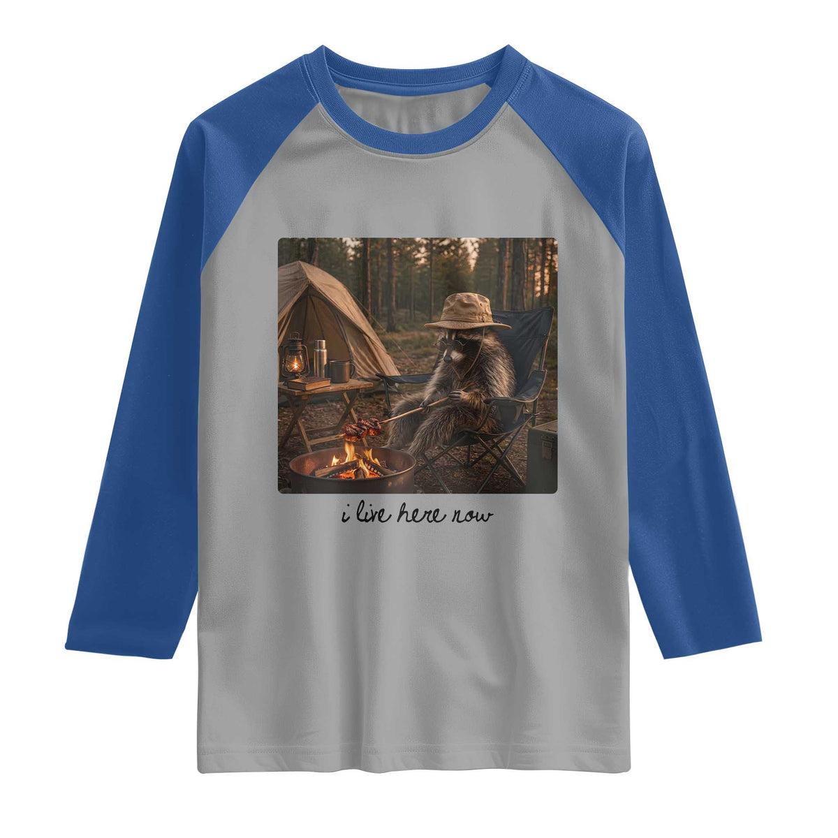 Funny Camping Raccoon Raglan Shirt I Live Here Now Outdoor Lover