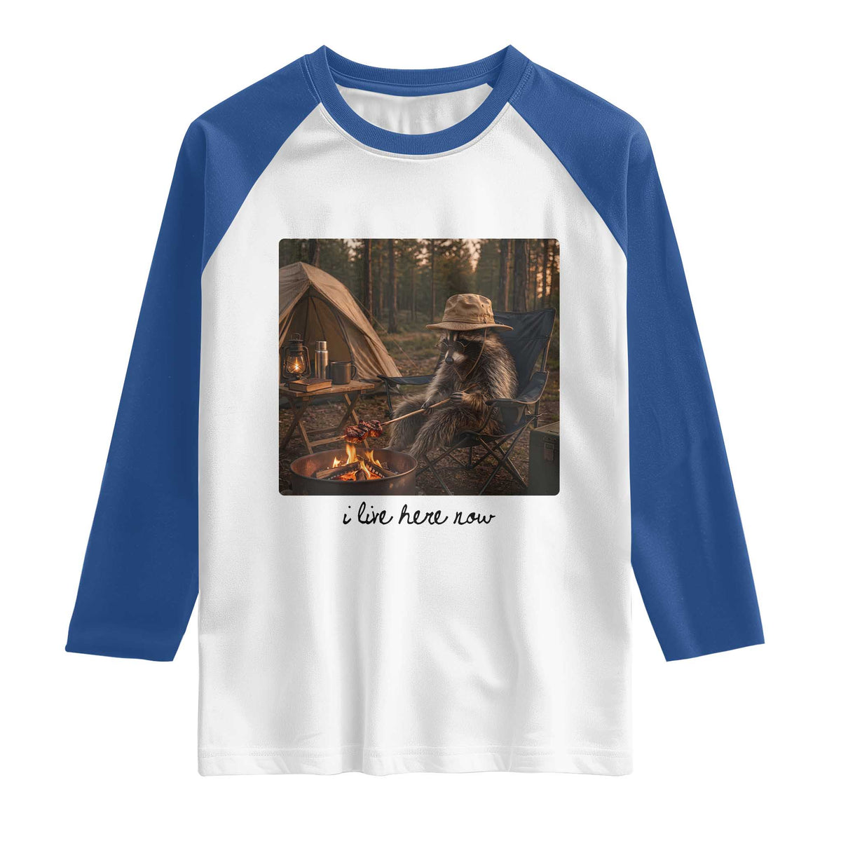 Funny Camping Raccoon Raglan Shirt I Live Here Now Outdoor Lover