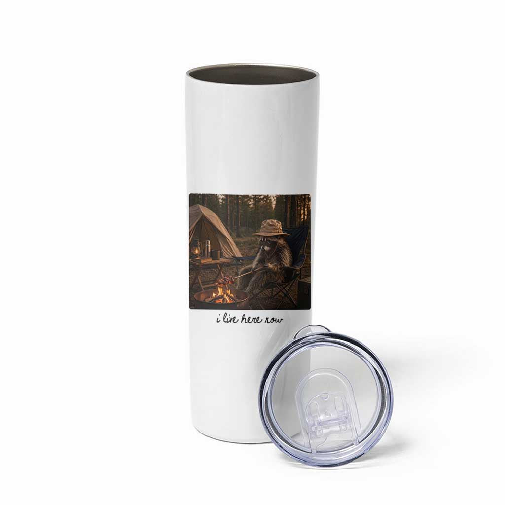 Funny Camping Raccoon Skinny Tumbler I Live Here Now Outdoor Lover