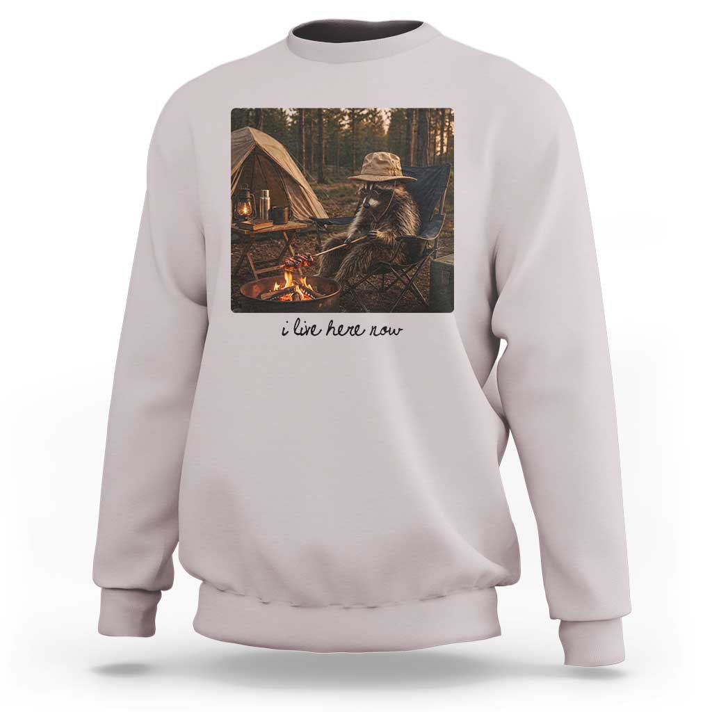 Funny Camping Raccoon Sweatshirt I Live Here Now Outdoor Lover
