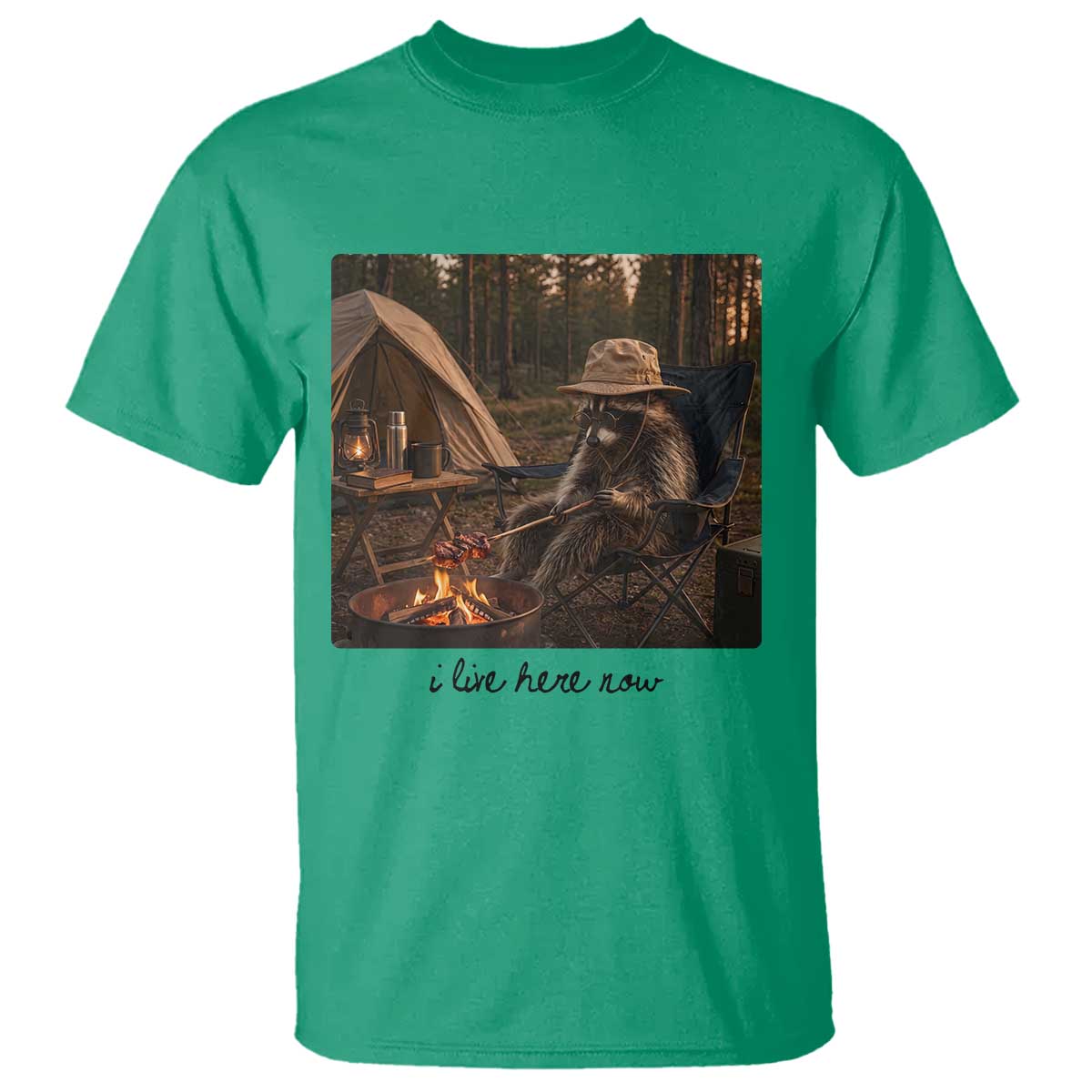 Funny Camping Raccoon T Shirt I Live Here Now Outdoor Lover