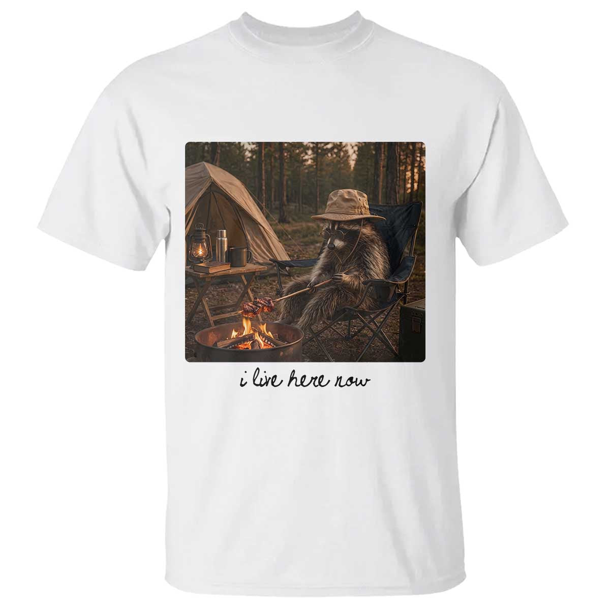 Funny Camping Raccoon T Shirt I Live Here Now Outdoor Lover