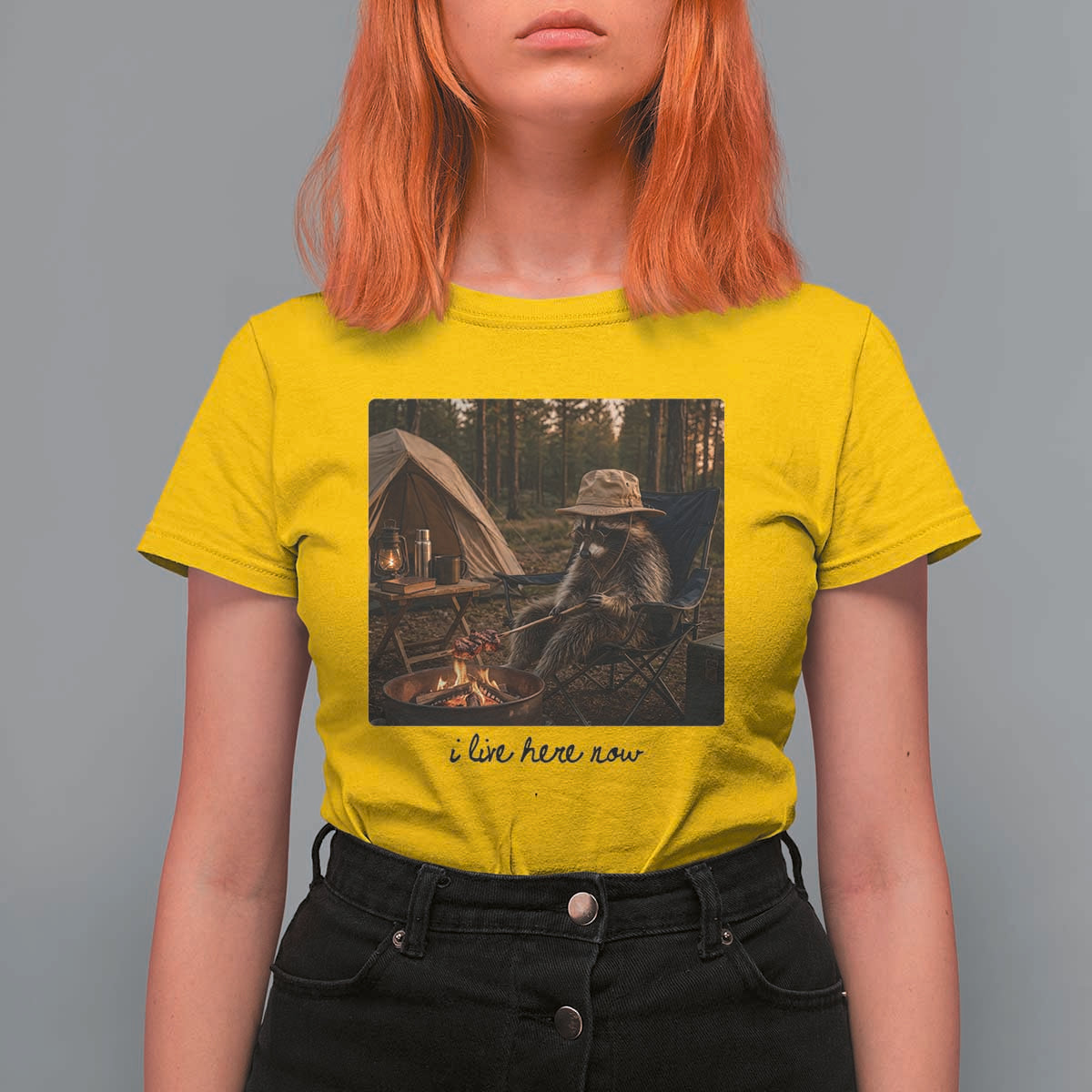 Funny Camping Raccoon T Shirt For Women I Live Here Now Outdoor Lover