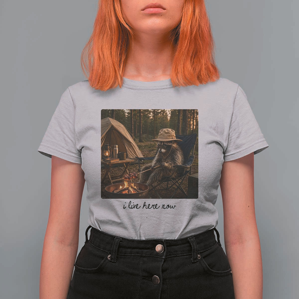 Funny Camping Raccoon T Shirt For Women I Live Here Now Outdoor Lover