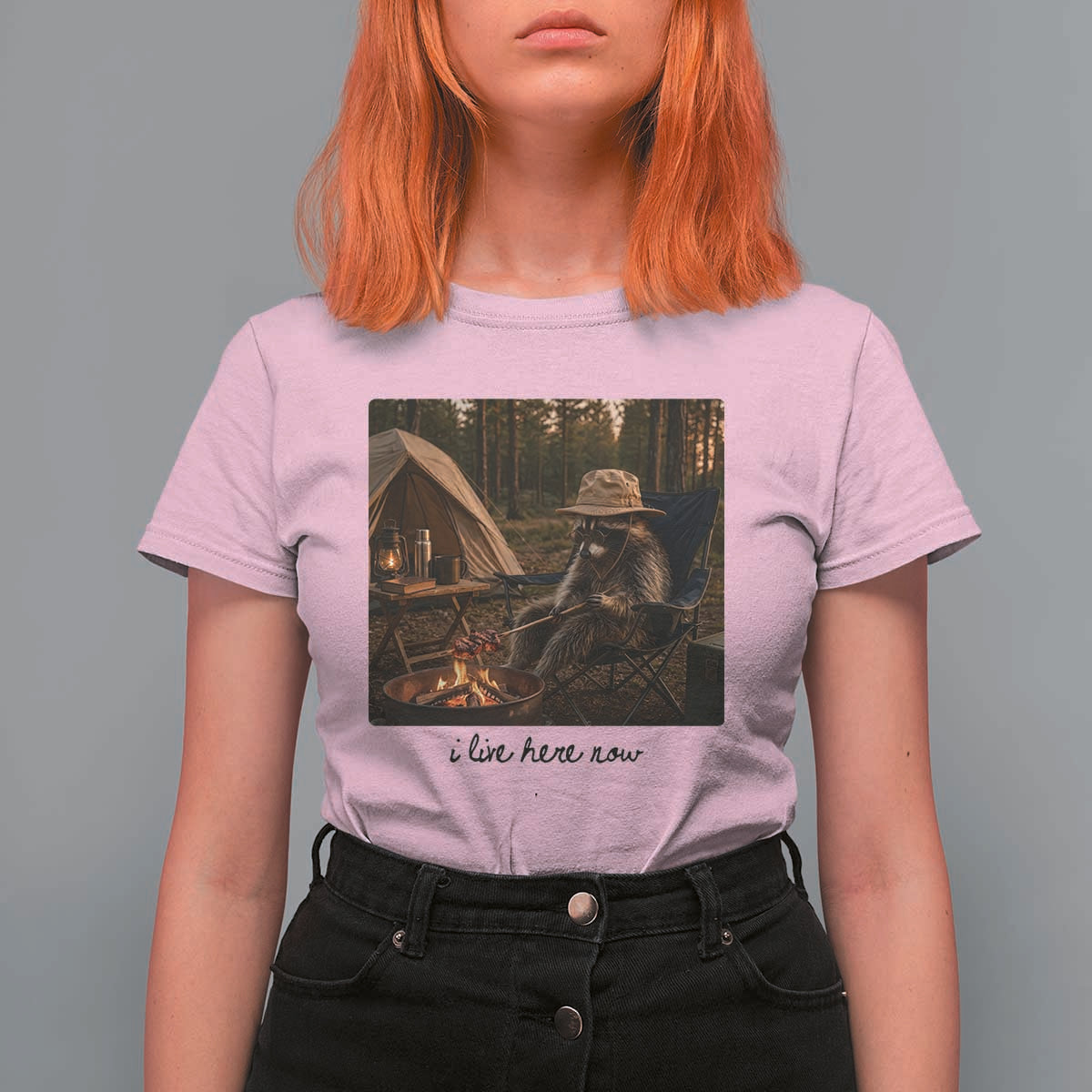 Funny Camping Raccoon T Shirt For Women I Live Here Now Outdoor Lover