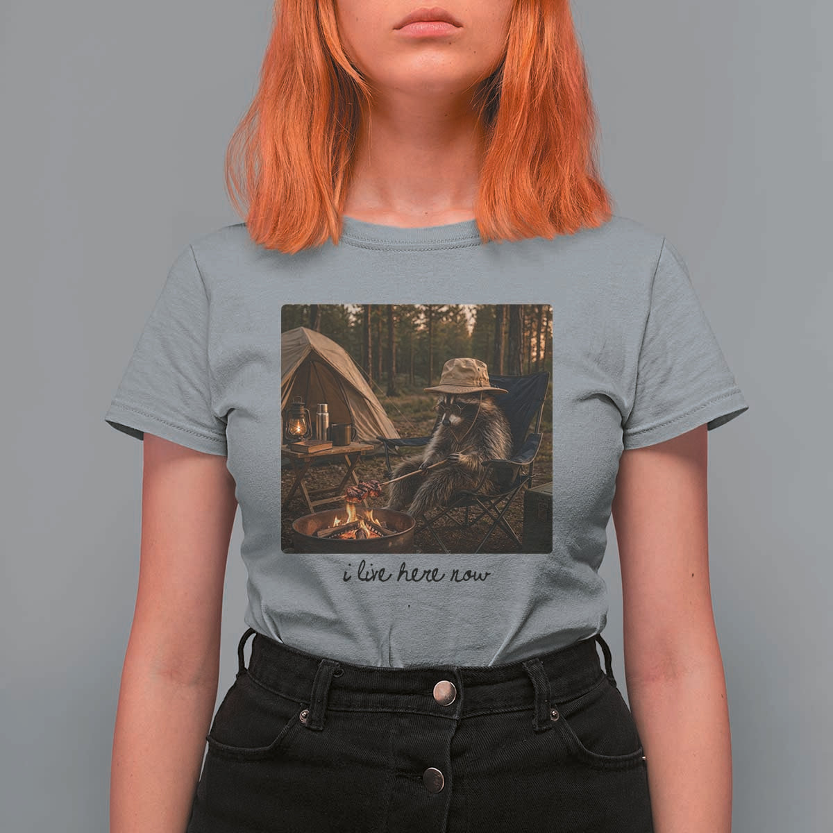 Funny Camping Raccoon T Shirt For Women I Live Here Now Outdoor Lover