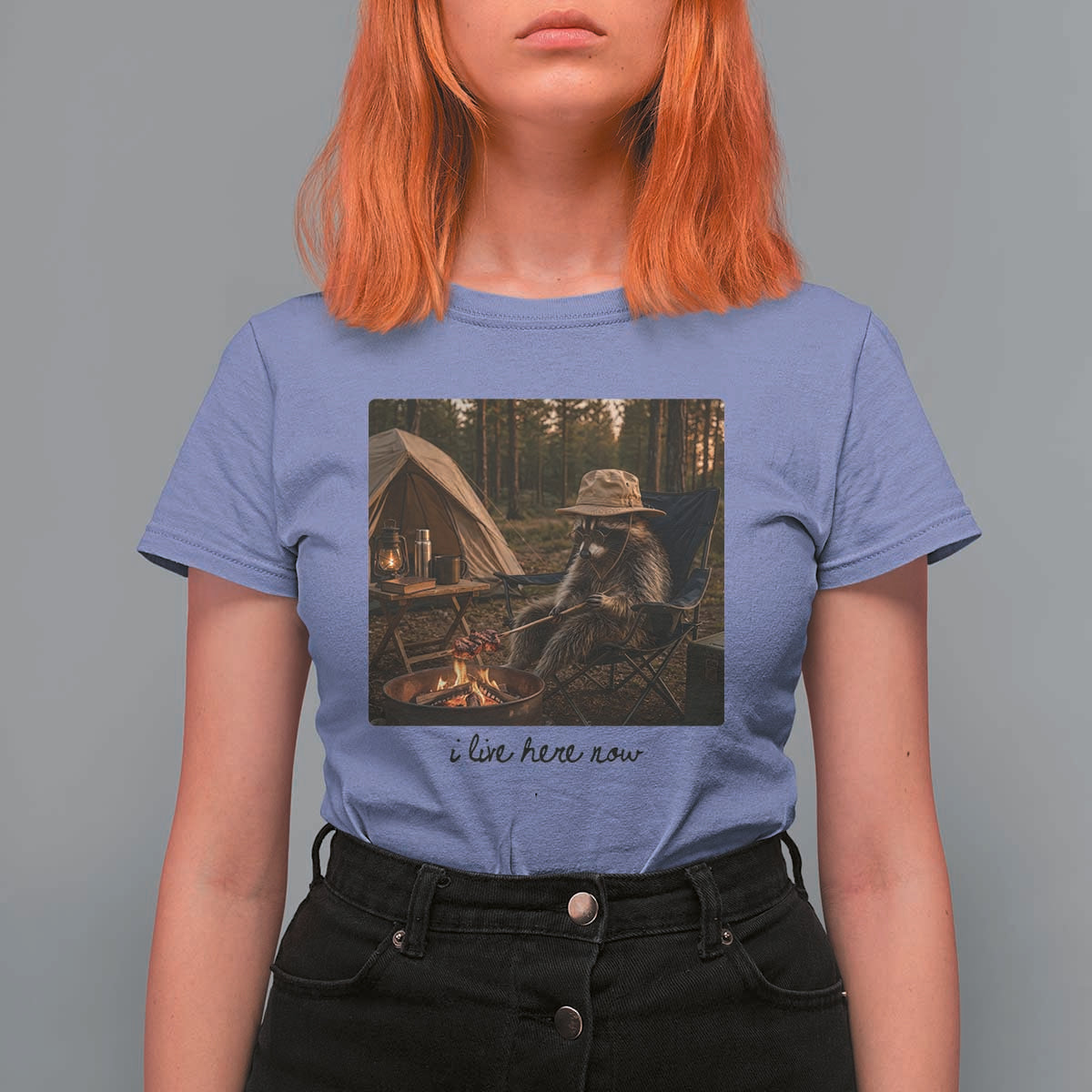 Funny Camping Raccoon T Shirt For Women I Live Here Now Outdoor Lover