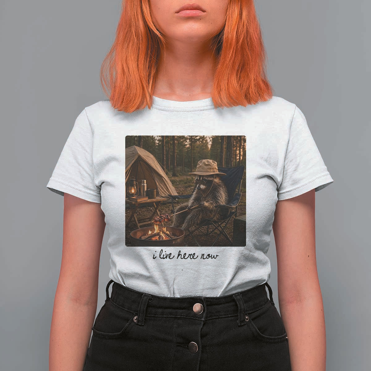 Funny Camping Raccoon T Shirt For Women I Live Here Now Outdoor Lover