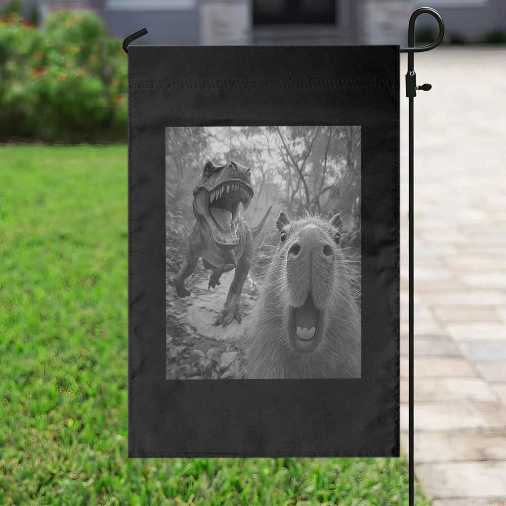 Funny Capybara Selfie With Dinosaur Meme Garden Flag Animal Humor Gift - Wonder Print Shop