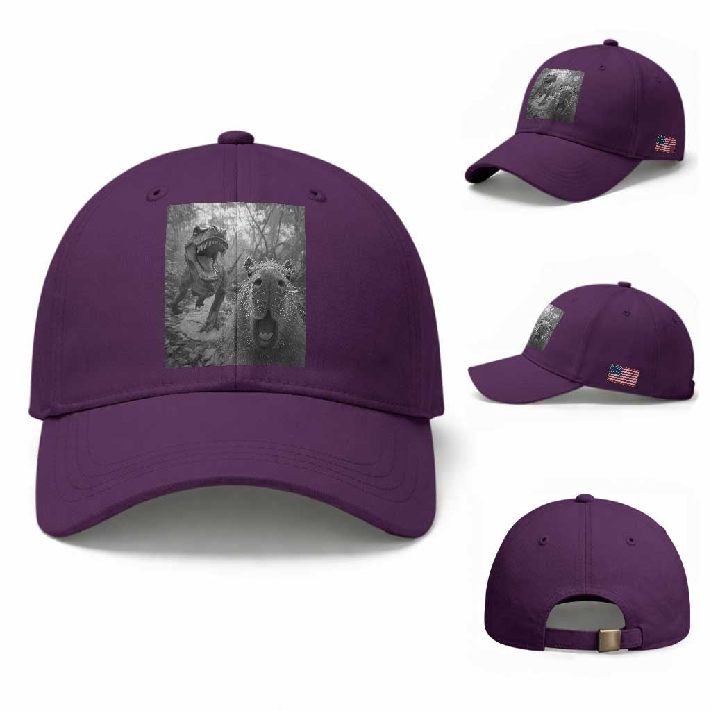 Funny Capybara Selfie With Dinosaur Meme Baseball Cap Animal Humor Gift