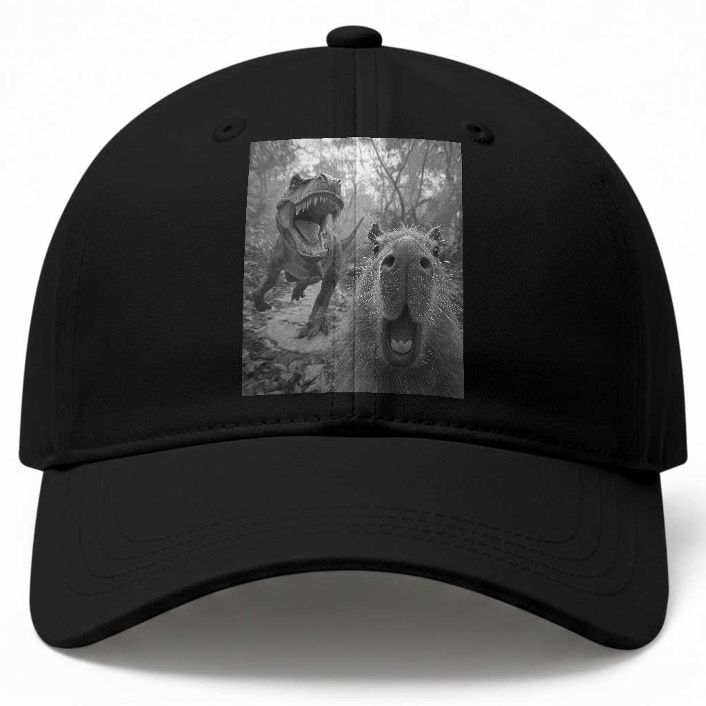Funny Capybara Selfie With Dinosaur Meme Baseball Cap Animal Humor Gift