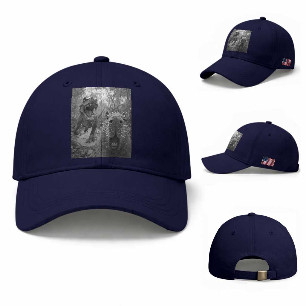 Funny Capybara Selfie With Dinosaur Meme Baseball Cap Animal Humor Gift
