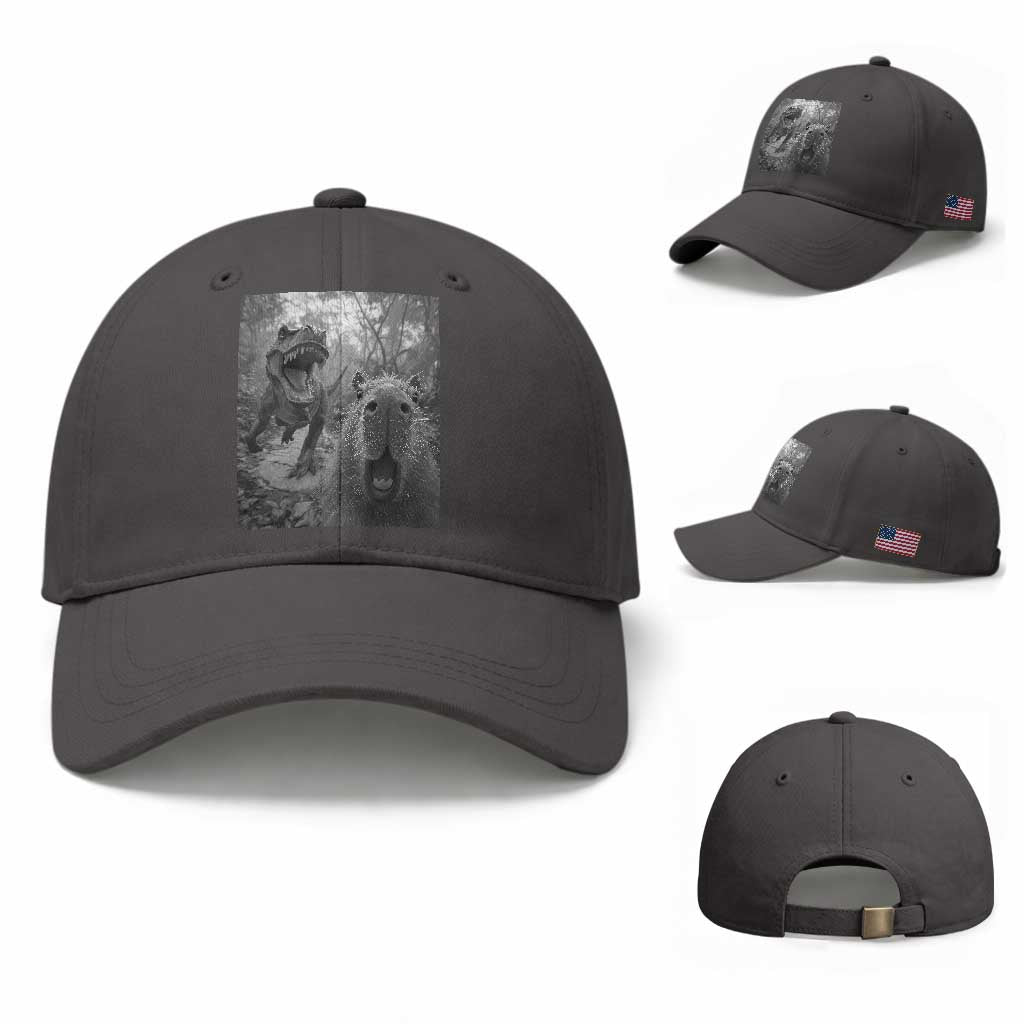 Funny Capybara Selfie With Dinosaur Meme Baseball Cap Animal Humor Gift