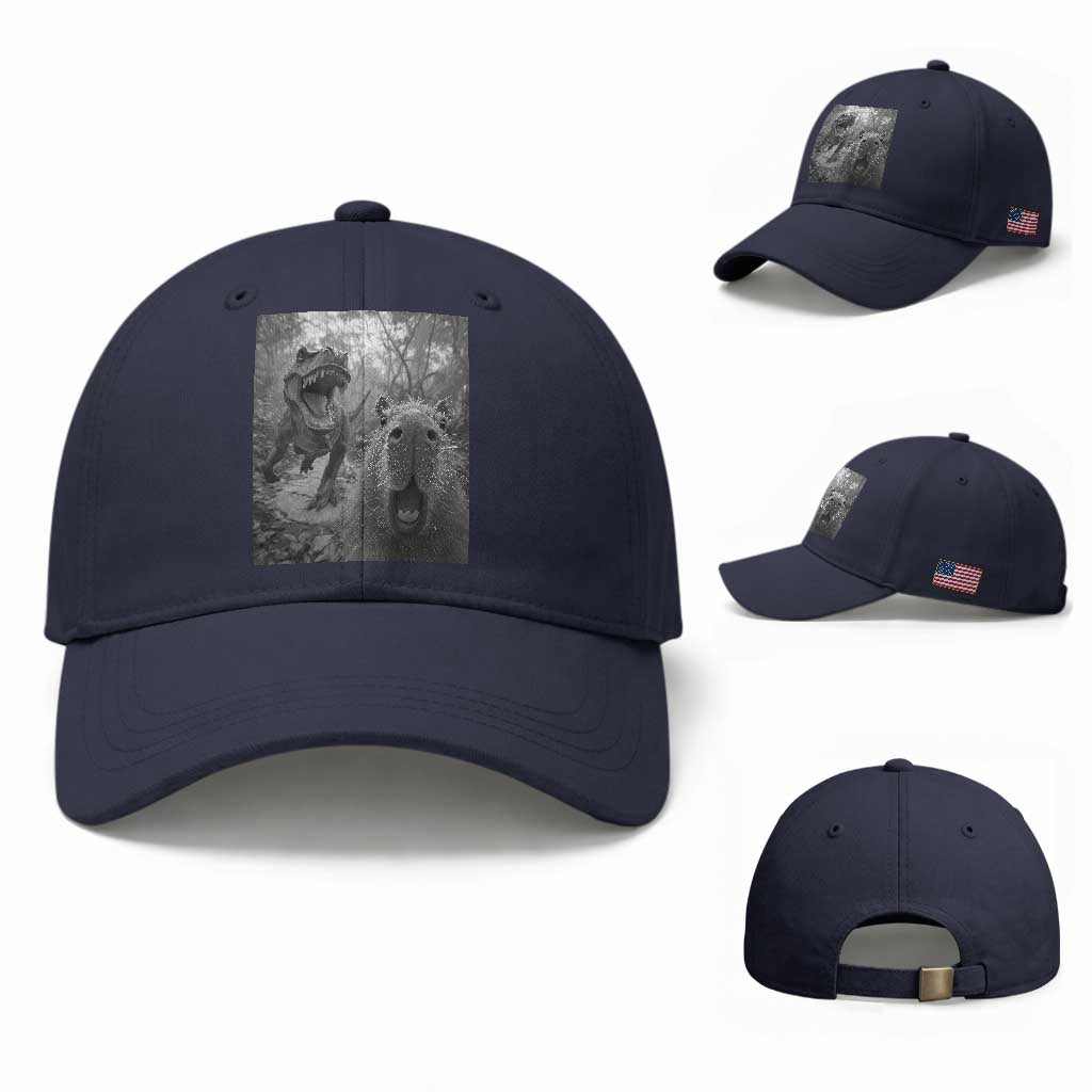 Funny Capybara Selfie With Dinosaur Meme Baseball Cap Animal Humor Gift