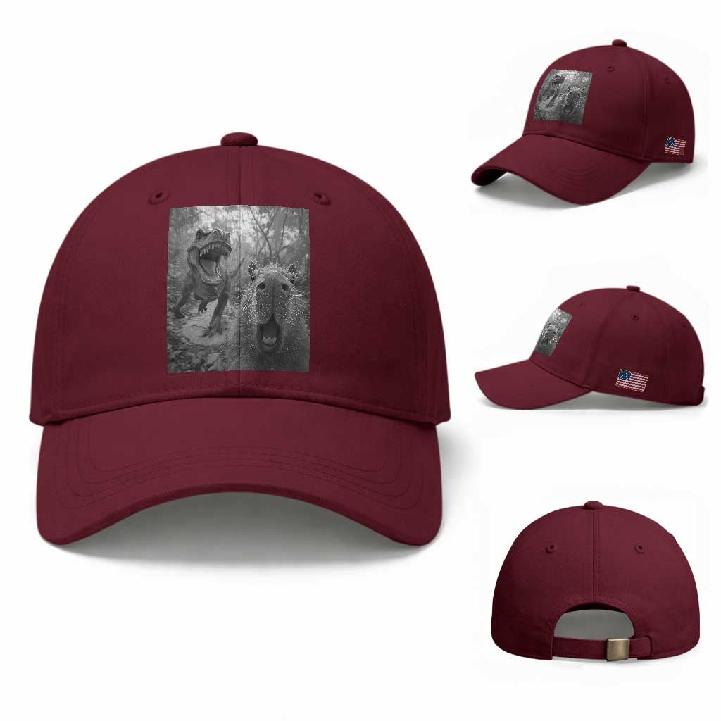 Funny Capybara Selfie With Dinosaur Meme Baseball Cap Animal Humor Gift