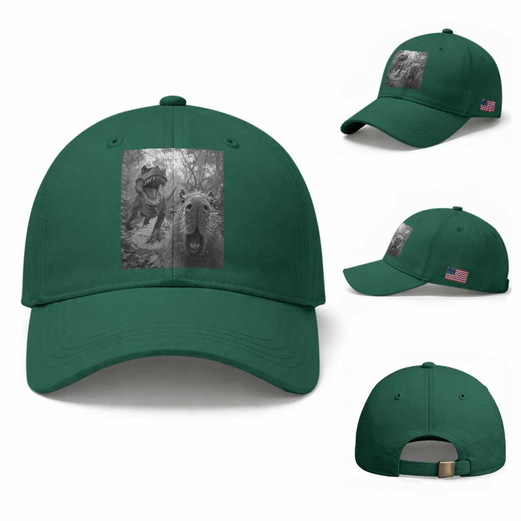 Funny Capybara Selfie With Dinosaur Meme Baseball Cap Animal Humor Gift