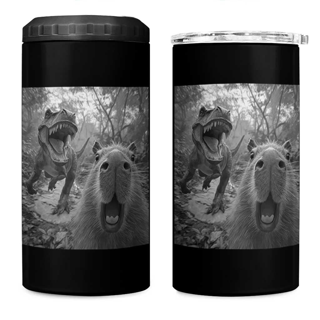 Funny Capybara Selfie With Dinosaur Meme 4 in 1 Can Cooler Tumbler Animal Humor Gift