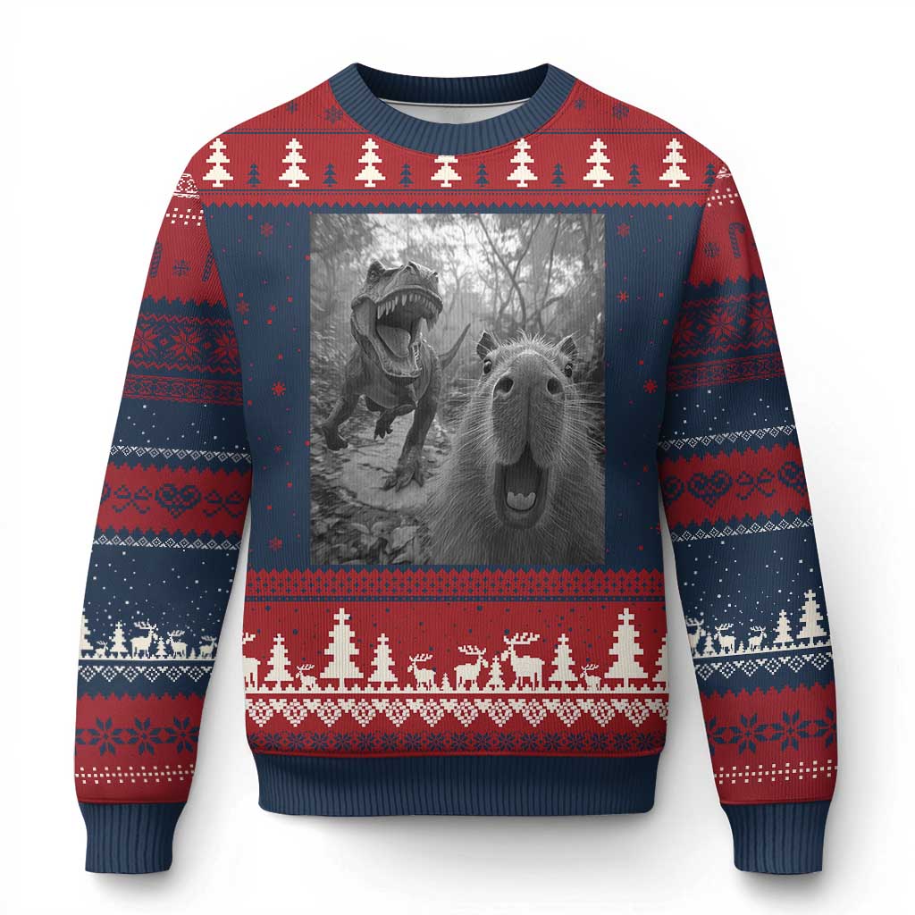 Funny Capybara Selfie With Dinosaur Meme Ugly Christmas Sweater Animal Humor Gift - Wonder Print Shop