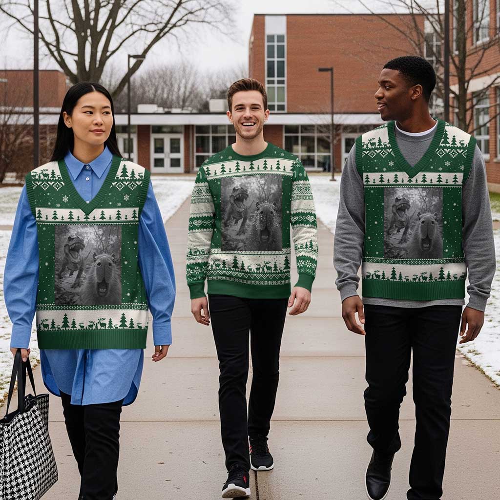 Funny Capybara Selfie With Dinosaur Meme V-Neck Knit Sweater Vest Animal Humor Gift - Wonder Print Shop