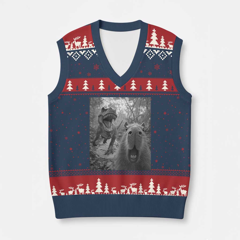Funny Capybara Selfie With Dinosaur Meme V-Neck Knit Sweater Vest Animal Humor Gift - Wonder Print Shop