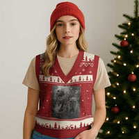 Funny Capybara Selfie With Dinosaur Meme V-Neck Knit Sweater Vest Animal Humor Gift - Wonder Print Shop