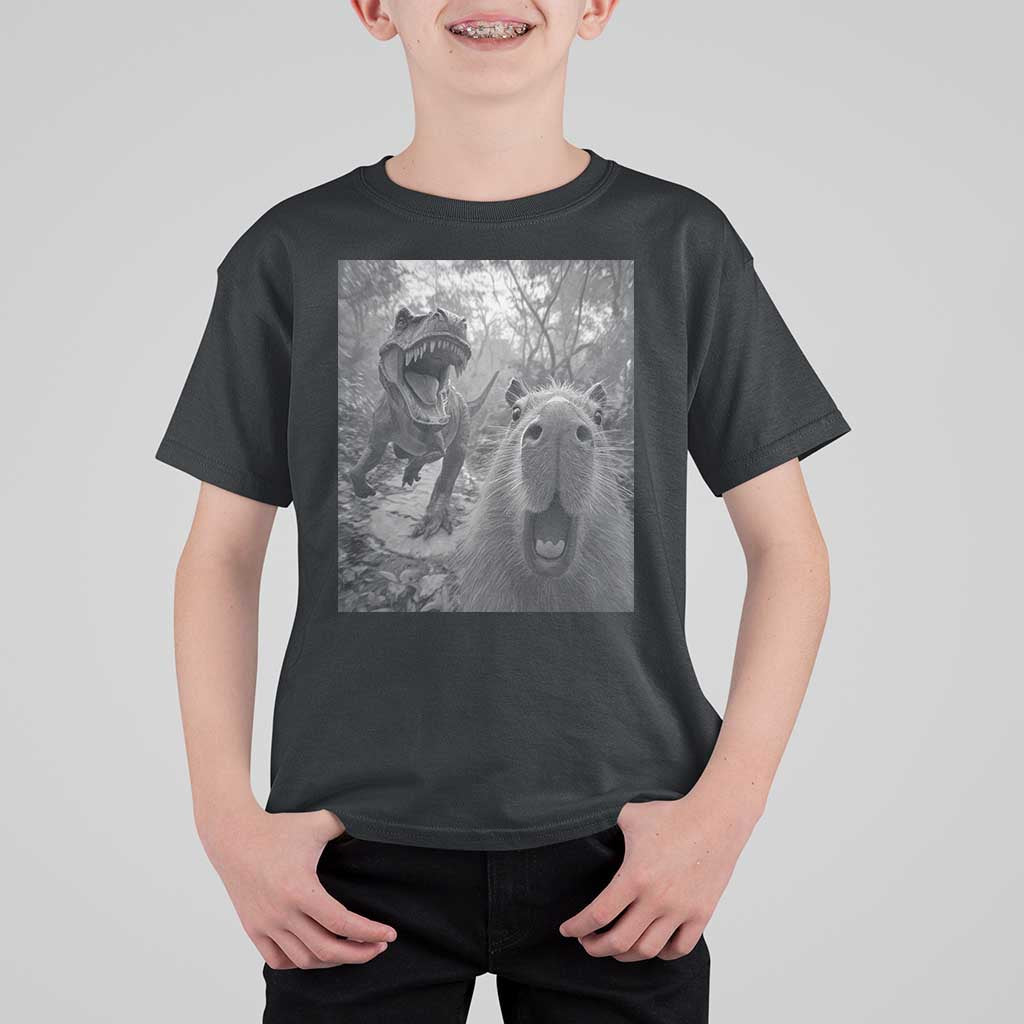Funny Capybara Selfie With Dinosaur Meme T Shirt For Kid Animal Humor Gift - Wonder Print Shop