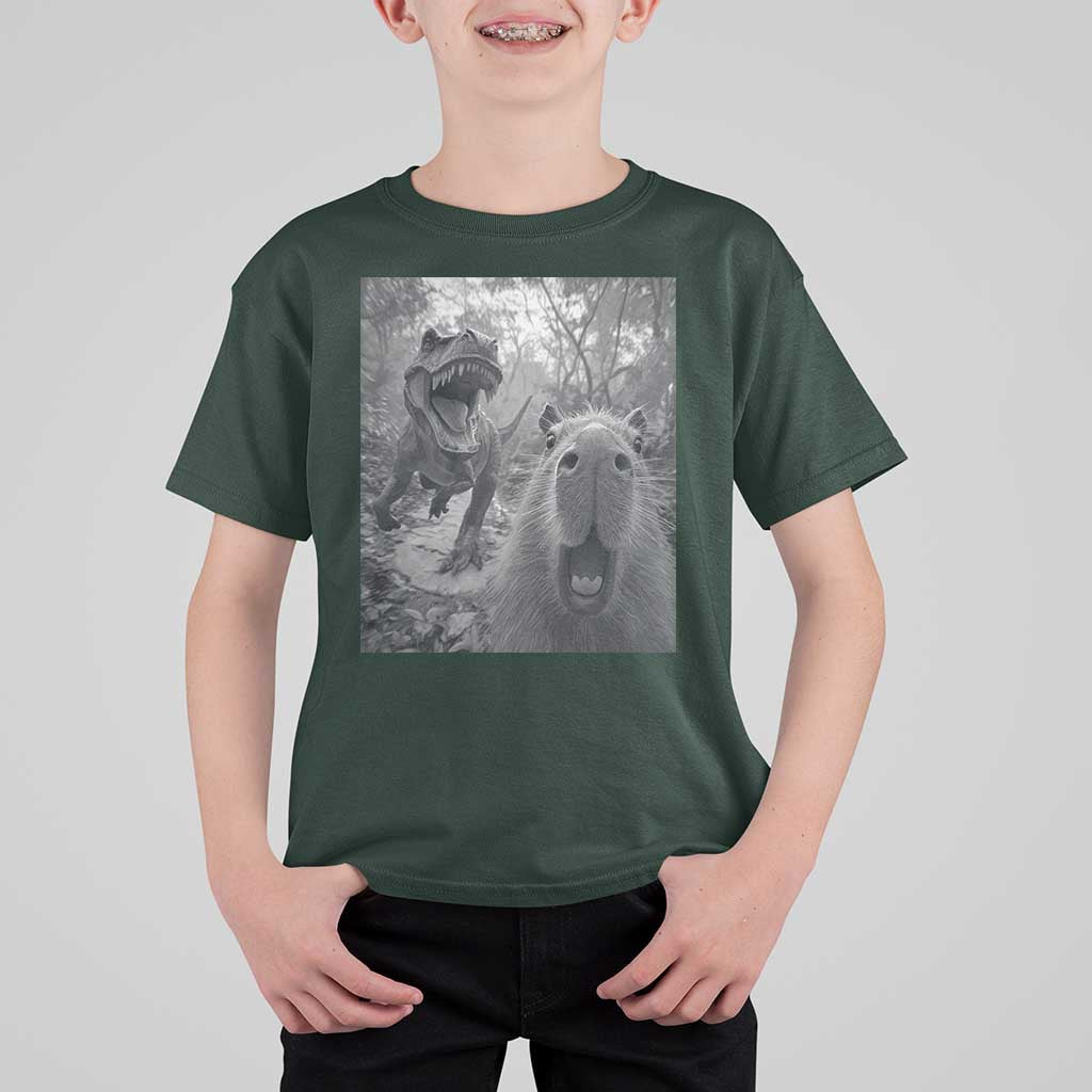 Funny Capybara Selfie With Dinosaur Meme T Shirt For Kid Animal Humor Gift - Wonder Print Shop