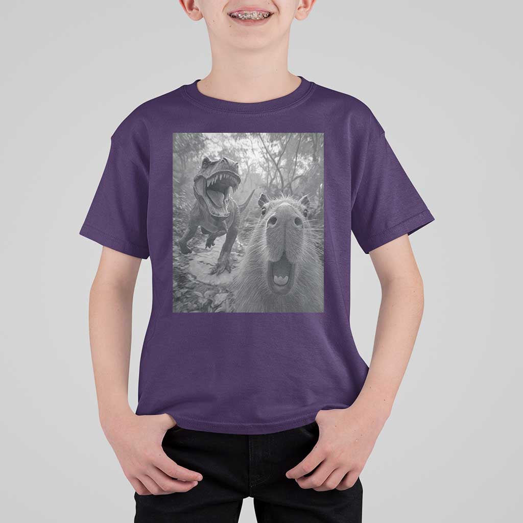 Funny Capybara Selfie With Dinosaur Meme T Shirt For Kid Animal Humor Gift - Wonder Print Shop