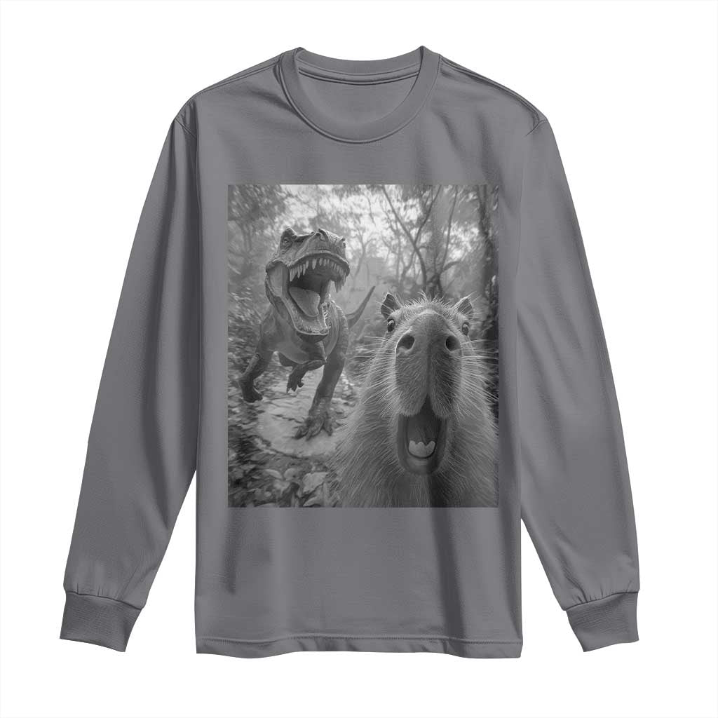 Funny Capybara Selfie With Dinosaur Meme Long Sleeve Shirt Animal Humor Gift - Wonder Print Shop