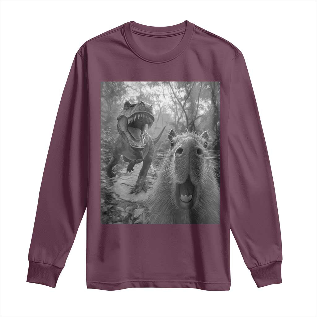 Funny Capybara Selfie With Dinosaur Meme Long Sleeve Shirt Animal Humor Gift - Wonder Print Shop